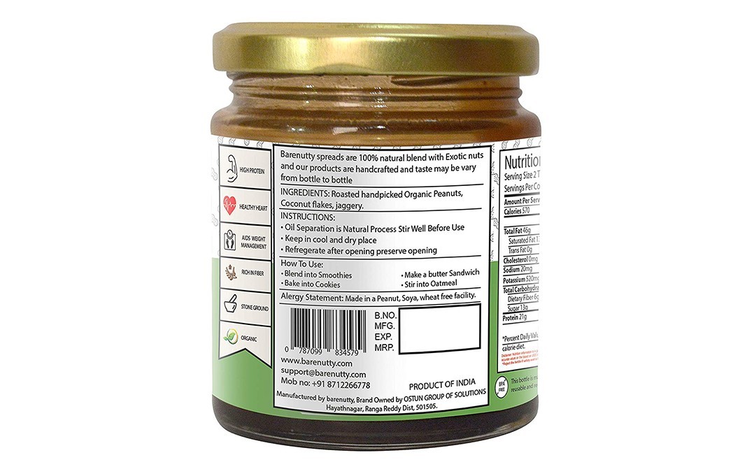 Barenutty Hypogaea Peanut Butter Coconut & Jaggery   Glass Jar  200 grams